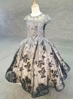 Glamorous Champagne And Black Tulle Cap Sleeve Appliques Beading Flower Girl Dress