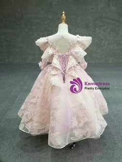 Princess Pink Ball Gown Tulle Appliques Long Sleeve Flower Girl Dress With Beading