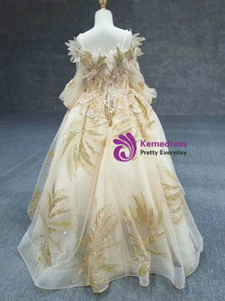 Fancy Champagne Ball Gown Tulle Gold Long Sleeve Spaghetti Straps Beaidng Sequins Flower Girl Dress