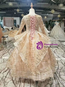 Hot Sale Champagne Gold Sequins Long Sleeve Appliques Long Flower Girl Dress