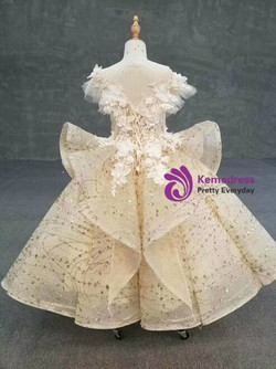 Popular Gold Sequins Appliques Backless Long Flower Girl Dress