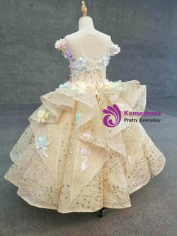 Gold Ball Gown Sequins Backless Colorful 3D Flower Cap Sleeve Flower Girl Dress