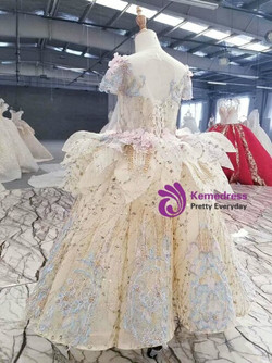 Champagne Gold Ball Gown Sequins Cap Sleeve Backless Appliques Pearls Flower Girl Dress