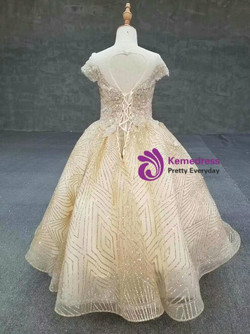 Fancy Champagne Gold Tulle Sequins Beading Cap Sleeve Backless Flower Girl Dress