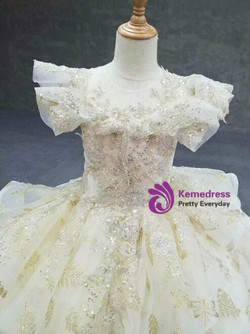Champagne Ball Gown Tulle Sequins Beading Backless Flower Girl Dress