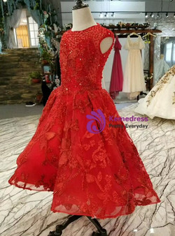 Red Embrodiery Lace Tulle Beading Sleeveless Sequins Flower Girl Dress