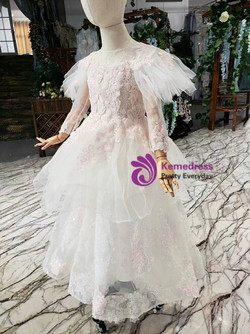 Fancy Ivory White Tulle Sequins Appliques Open Back Long Sleeve Flower Girl Dress
