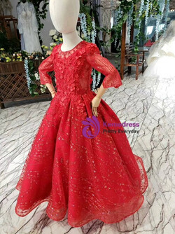 Fashionable Red Tulle Sequins Long Sleeve Appliques Beading Flower Girl Dress 