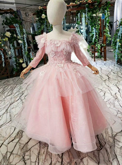 Fashion Pink Ball Gown Tulle Lace Long Sleeve Backless Appliques Flower Girl Dress Fashion Pink Ball Gown Tulle Lace Long Sleeve Backless Appliques Flower Girl Dress