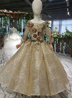 Princess Gold Bateau Sequins Appliques Long Sleeve Flower Girl Dress