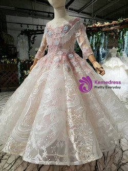 Champagne Ball Gown Tulle Lace Long Sleeve Long Sleeve Appliques Beading Flower Girl Dress