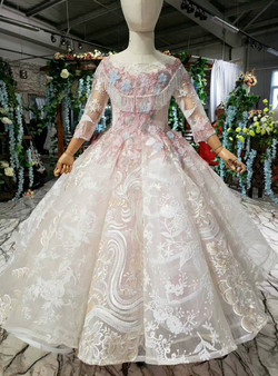 Champagne Ball Gown Tulle Lace Long Sleeve Long Sleeve Appliques Beading Flower Girl Dress
