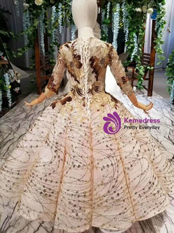 Modest Gold Ball Gown Sequins Tulle Long Sleeve Appliques Long Flower Girl Dress