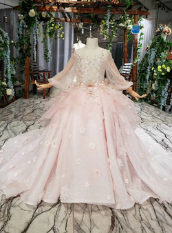 Pink Tulle Lace Long Sleeve Backless Beading Sequins Appliques Flower Girl Dress 