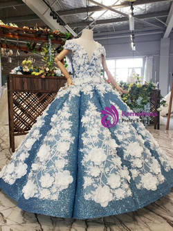 Blue Sequins Off the Shoulder White Appliques Long Flower Girl Dress