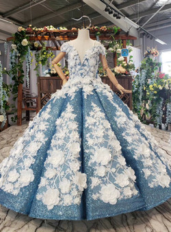 Blue Sequins Off the Shoulder White Appliques Long Flower Girl Dress