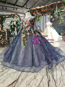 Beautiful Navy Blue Long Sleeve Backless Tulle Sequins Embroidery Appliques Flower Girl Dress