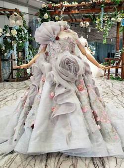 Gray Ball Gown Tulle 3D Flower Backless Beading Sequins Shawl Flower Girl Dress With Train