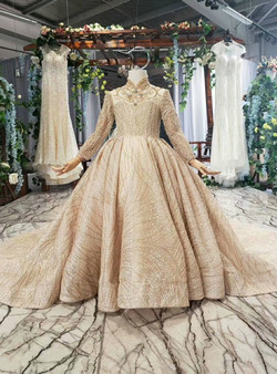 Fhshion Champagne Ball Gown Tulle High Neck Long Sleeve Beading Crystal Flower Girl Dress 