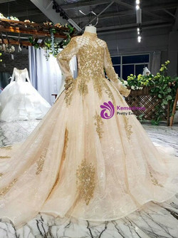 Champagne Ball Gown Tulle Sequins Appliques High Neck Long Sleeve Backless Beading Flower Girl Dress With Train