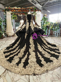 Black Gold Lace Appliques Long Sleeve Beading Flower Girl Dress With Long Train