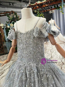 Gray Ball Gown Tulle Beading Sequins Spaghetti Straps Flower Girl Dress With Pearls