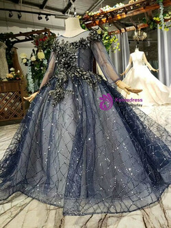 Navy Blue Ball Gown Tulle Sequins Backless Long Sleeve Handmade Appliques Flower Girl Dress Navy Blue Ball Gown Tulle Sequins Backless Long Sleeve Handmade Appliques Flower Girl Dress