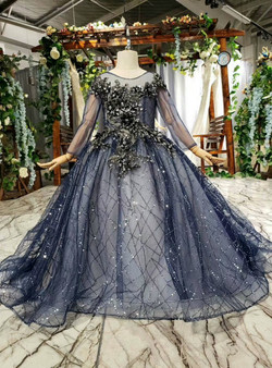 Navy Blue Ball Gown Tulle Sequins Backless Long Sleeve Handmade Appliques Flower Girl Dress Navy Blue Ball Gown Tulle Sequins Backless Long Sleeve Handmade Appliques Flower Girl Dress
