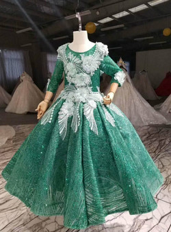 Cute Green Sequins Long Sleeve Backless White Appliques Flower Girl Dress