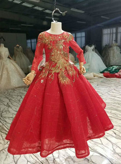 Red Ball Gown Sequins Long Sleeve Embroidery Appliques Flower Girl Dress