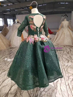 Gorgeous Dark Green Sequins Backless Long Sleeve Beading Embroidery Appliques Flower Girl Dress