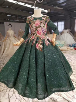 Gorgeous Dark Green Sequins Backless Long Sleeve Beading Embroidery Appliques Flower Girl Dress