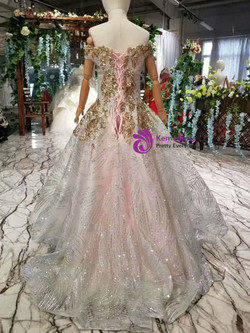 Pretty Silver Gray Ball Gown Sequins Off the Shoulder Gold Sequins Appliques Flower Girl Dress
