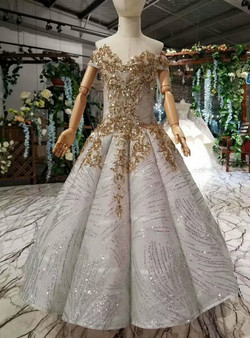 Pretty Silver Gray Ball Gown Sequins Off the Shoulder Gold Sequins Appliques Flower Girl Dress