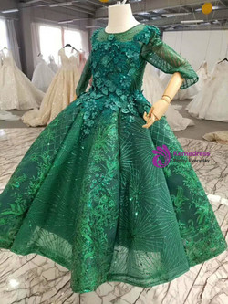 Amazing Green Long Sleeve Backless Ball Gown Sequins Appliques Beading Flower Girl Dress