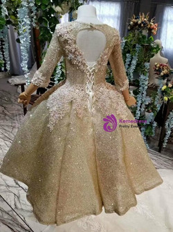 Princess Gold Ball Gown Sequins Long Sleeve Backless Appliques Beading Flower Girl Dress