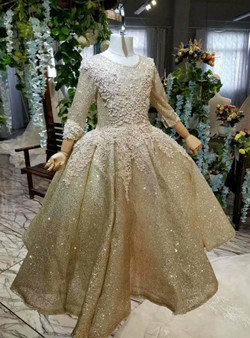 Princess Gold Ball Gown Sequins Long Sleeve Backless Appliques Beading Flower Girl Dress