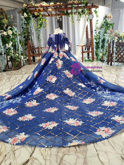 Royal Blue Long Sleeve Tulle Sequins Appliques Beading Luxury Flower Girl Dress With Long Train