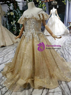 High quality Gold Ball Gown Sequins Tulle Backless Appliques Flower Girl Dress
