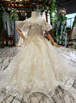 Champagne Ball Gown Tulle Sequins Appliques Beading Backless Flower Girl Dress