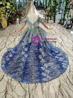 Fashionable Royal Blue Sequins Green Beading Appliques Flower Girl Dress