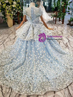  High quality Blue Sequins Cap Sleeve Appliques Beading Flower Girl Dress With Train