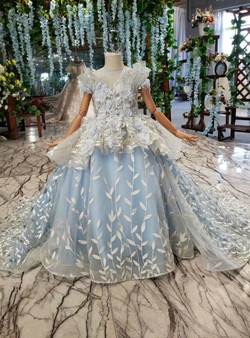  High quality Blue Sequins Cap Sleeve Appliques Beading Flower Girl Dress With Train