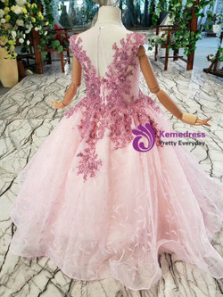 Popular Pink Ball Gown Tulle Beading Embroidery Long Flower Girl Dress