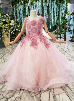 Popular Pink Ball Gown Tulle Beading Embroidery Long Flower Girl Dress