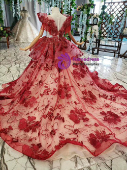 Beautiful Dark Red Ball Gown Tulle Embroidery Beading Flower Girl Dress With Train