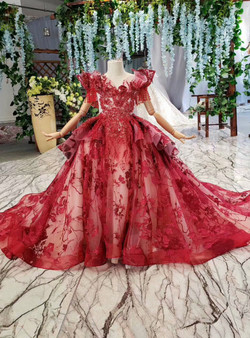 Beautiful Dark Red Ball Gown Tulle Embroidery Beading Flower Girl Dress With Train
