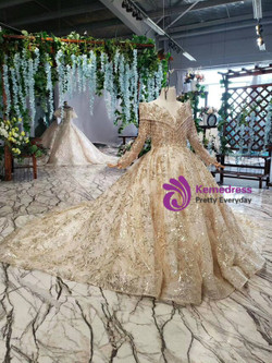 Champagne Gold Ball Gown Long Sleeve Tulle Sequins Flower Girl Dress With Beading