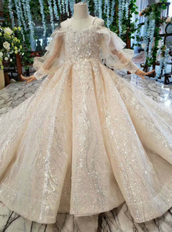 Champagne Sequins Spaghetti Straps Long Sleeve Flower Girl Dress With Long Train