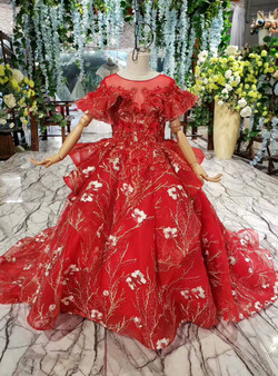 Red Ball Gown Tulle Embroidery Appliques Beading Cap Sleeve Flower Girl Dress
